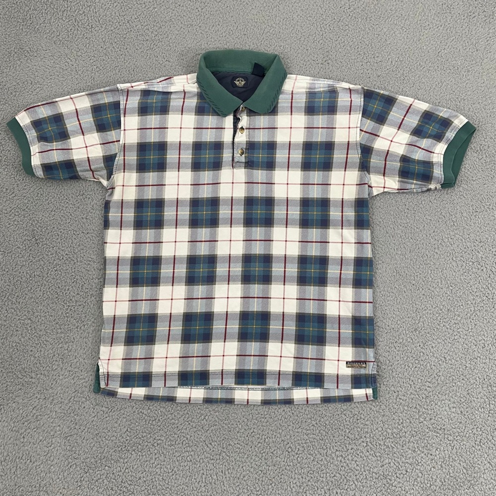 Vintage Dockers Polo Shirt Men L White Plaid Short Sleeve Cotton Retro Preppy